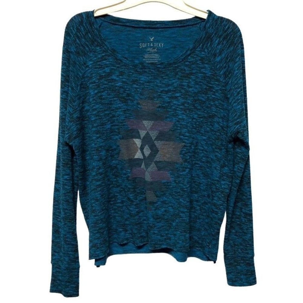 American Eagle Soft & Sexy Blue Western Print Top Lightweight Oversized‎ Size XS